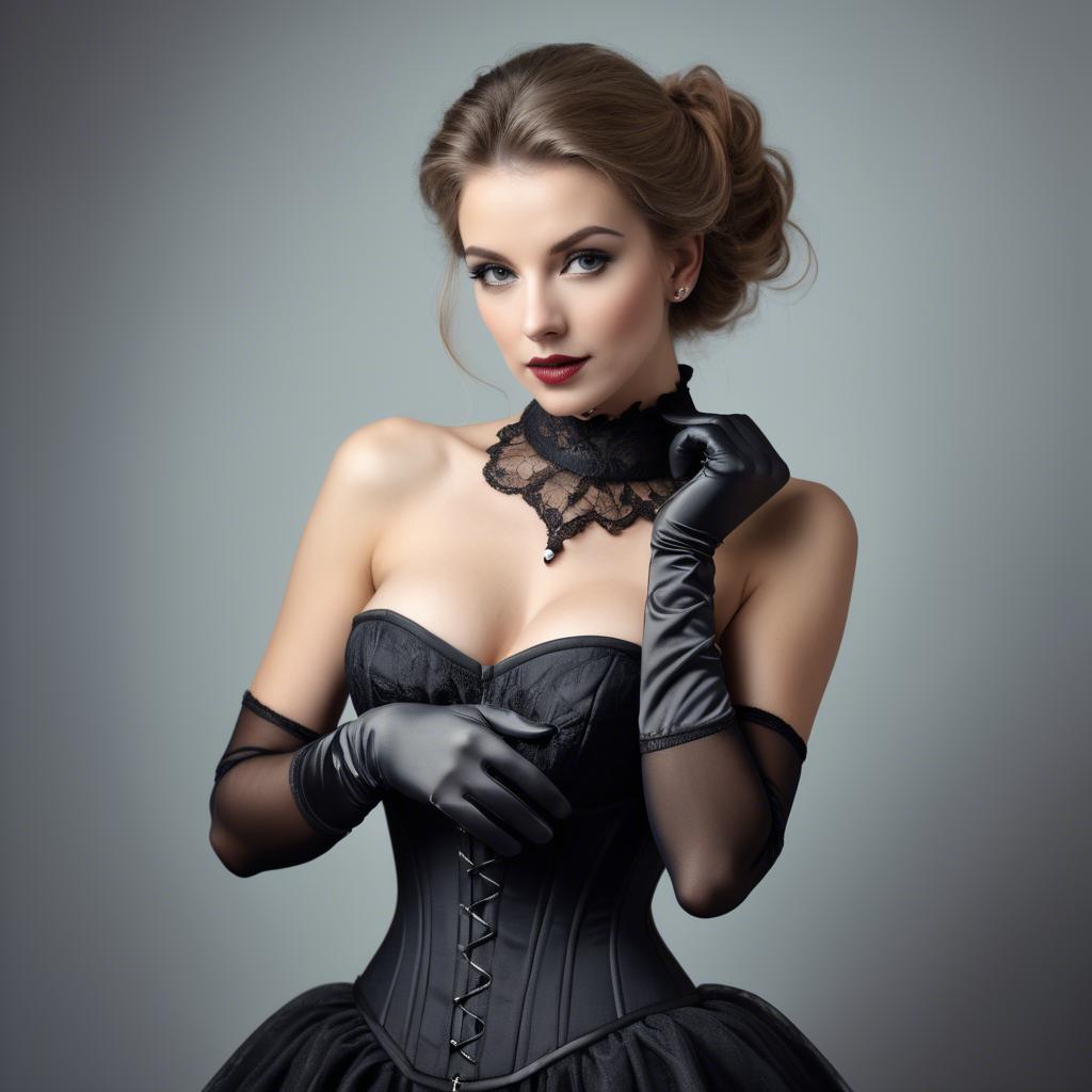 A stunning image of alluring woman in a corset dress with delicate gloves.