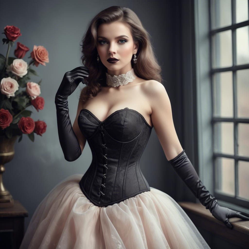 A stunning image of alluring woman in a corset dress with delicate gloves.
