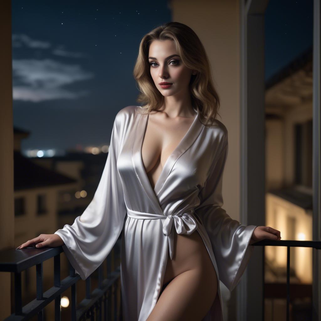 A stunning image of alluring woman in a satin robe on a balcony at night.