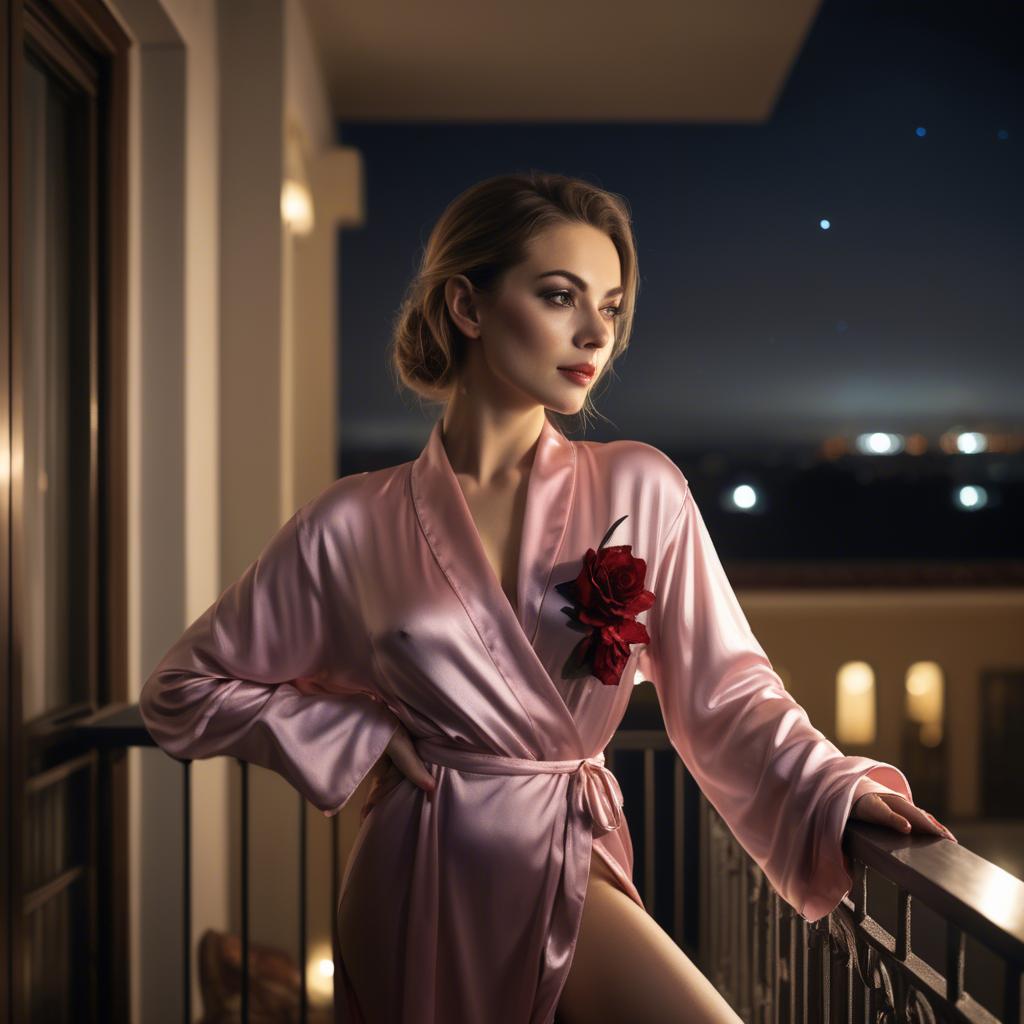 A stunning image of alluring woman in a satin robe on a balcony at night.