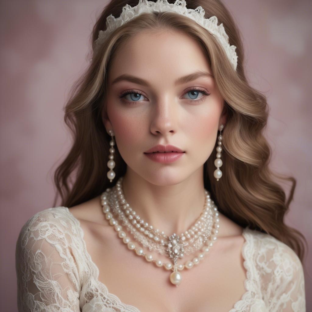 A stunning image of american model in lace and pearls.