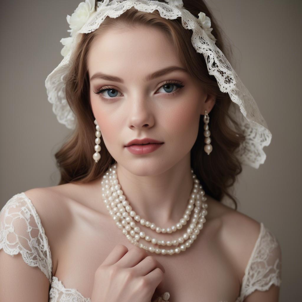 A stunning image of american model in lace and pearls.