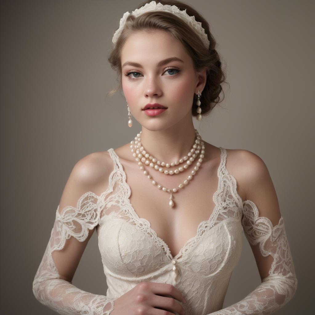 A stunning image of american model in lace and pearls.