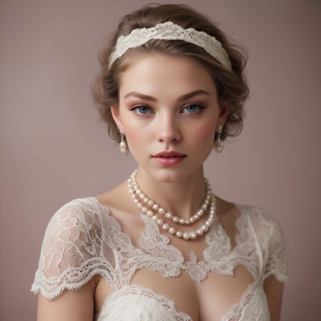 A stunning image of american model in lace and pearls.
