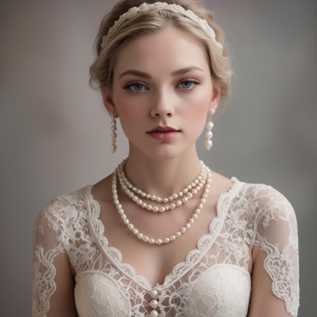 A stunning image of american model in lace and pearls.