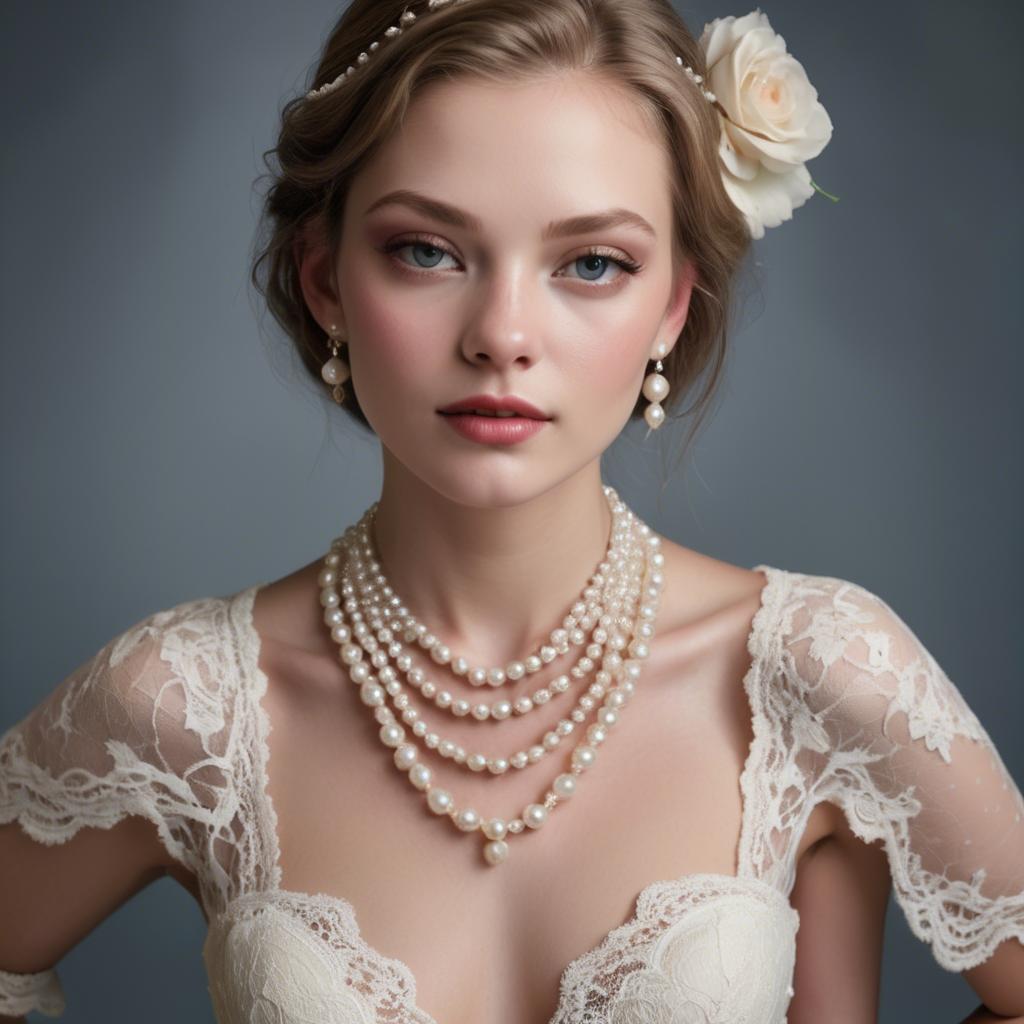 A stunning image of american model in lace and pearls.