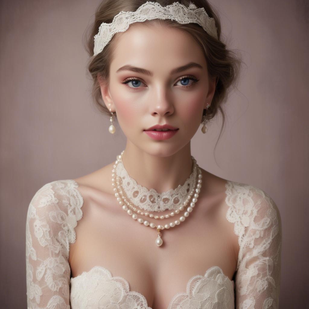 A stunning image of american model in lace and pearls.