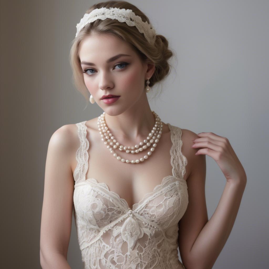 A stunning image of american model in lace and pearls.