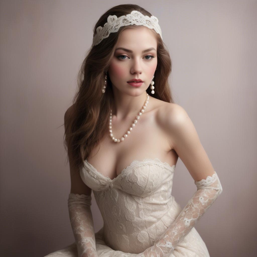 A stunning image of american model in lace and pearls.