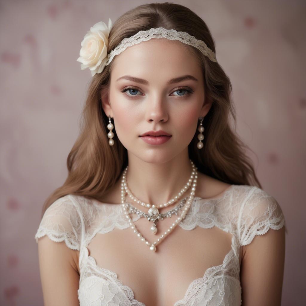 A stunning image of american model in lace and pearls.
