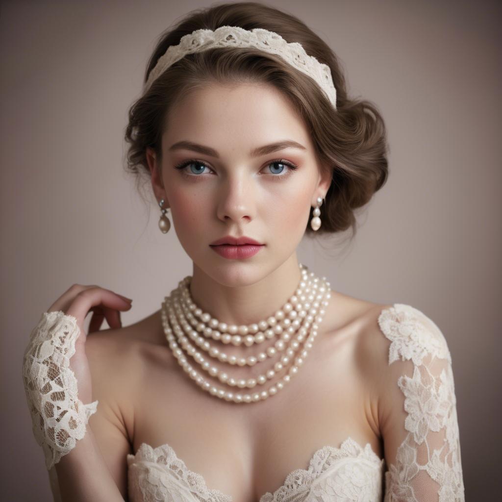 A stunning image of american model in lace and pearls.