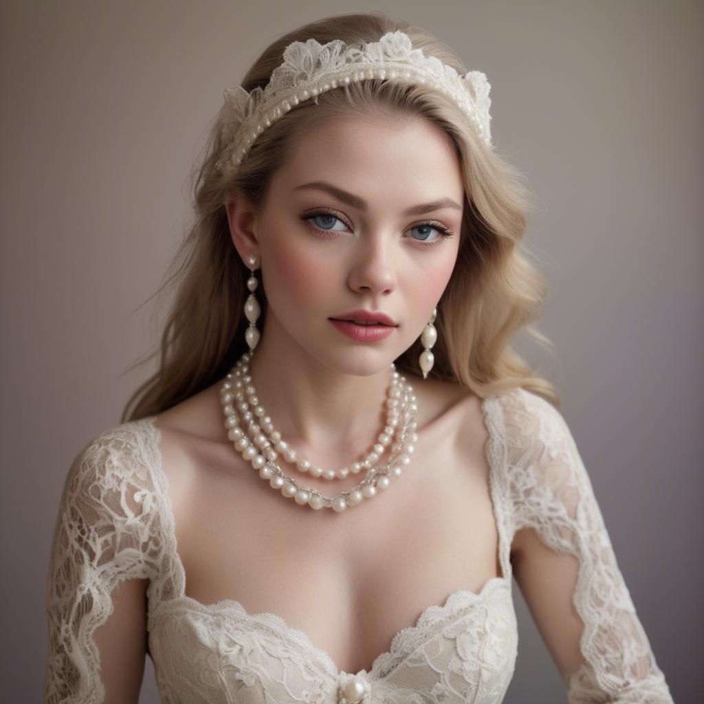 A stunning image of american model in lace and pearls.