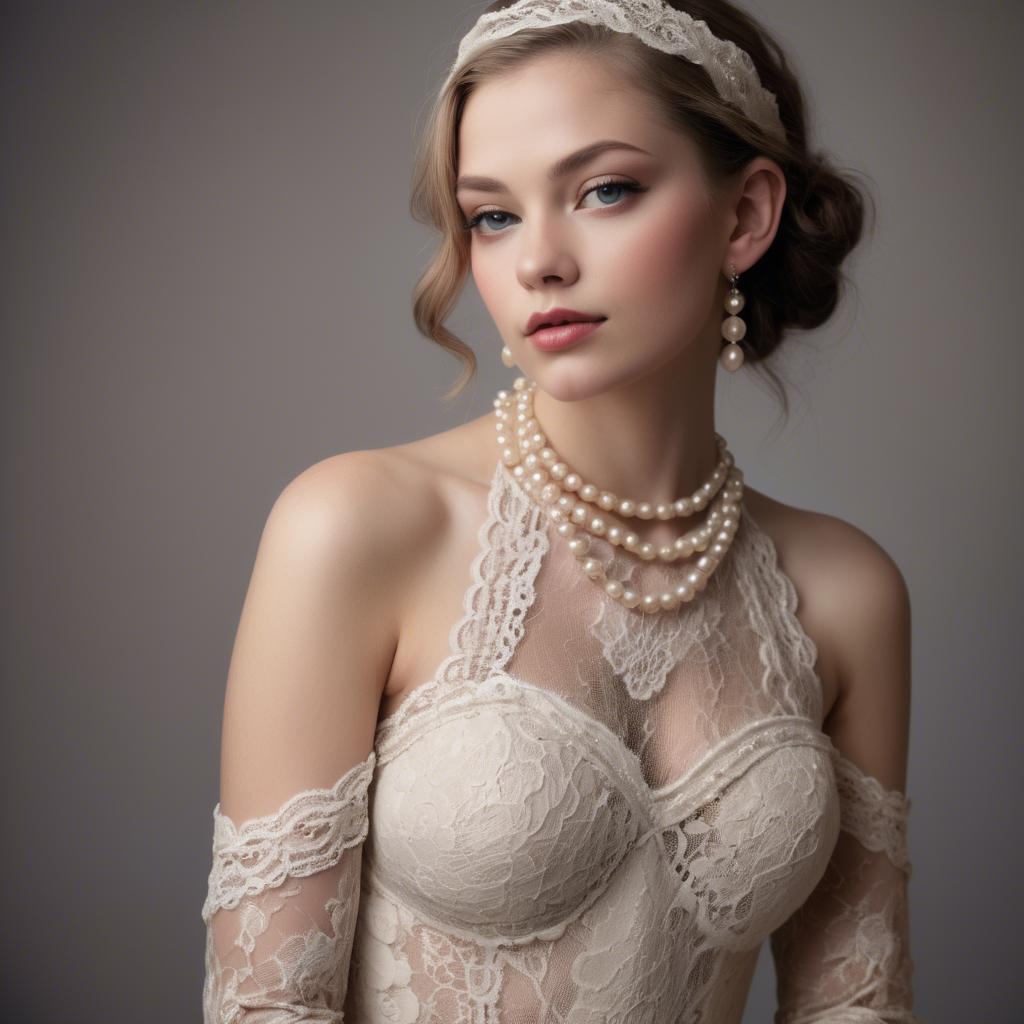 A stunning image of american model in lace and pearls.