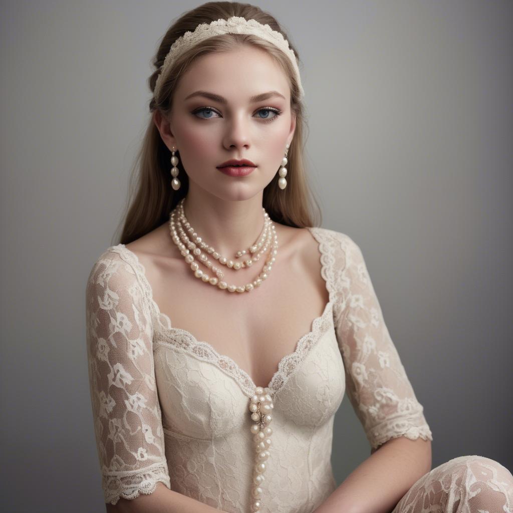 A stunning image of american model in lace and pearls.