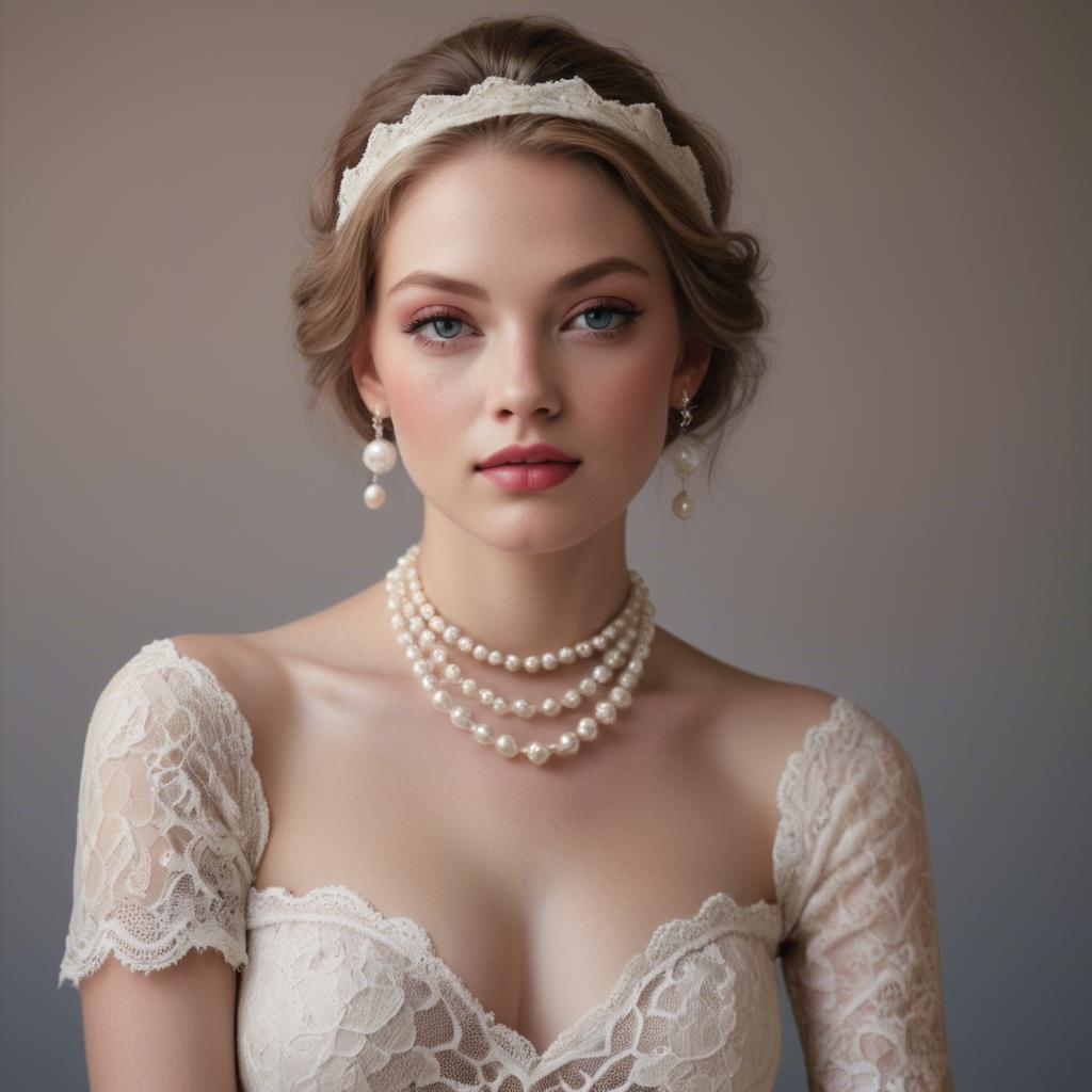 A stunning image of american model in lace and pearls.