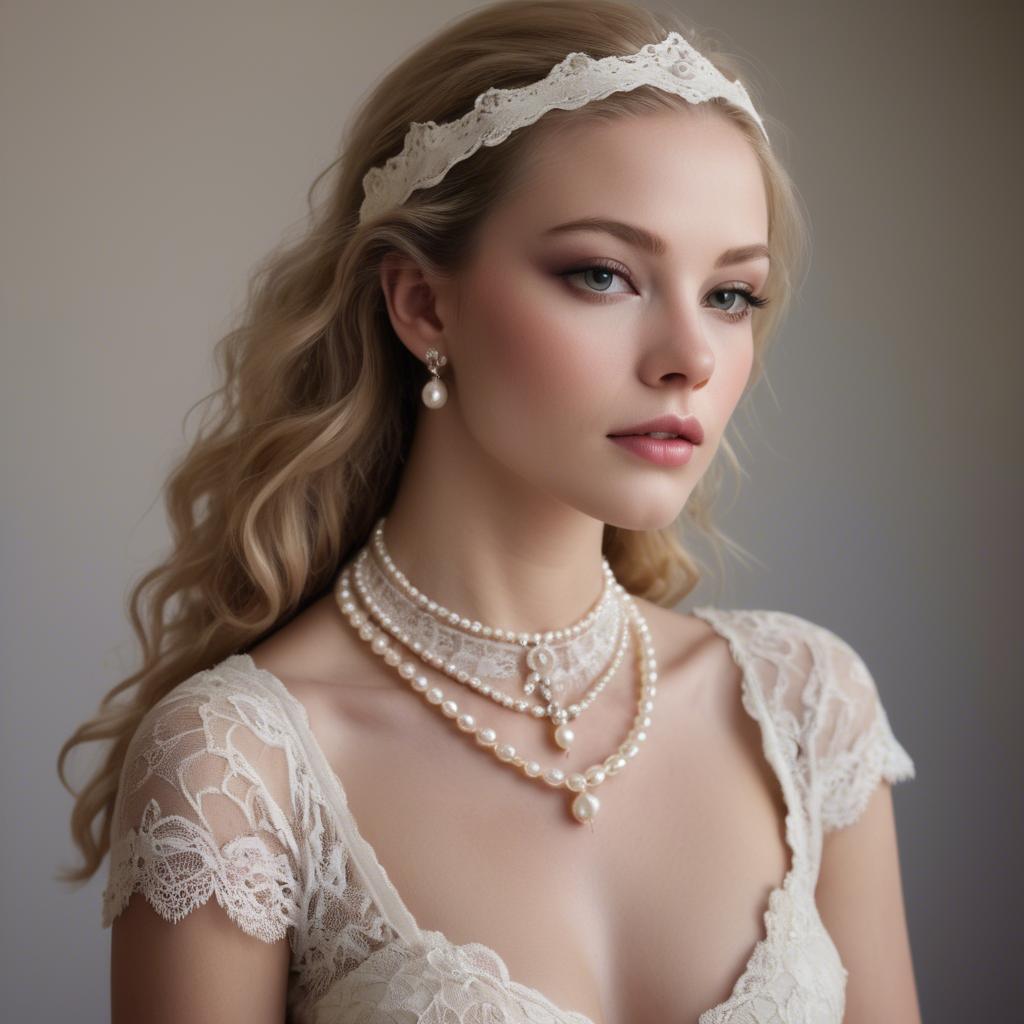 A stunning image of american model in lace and pearls.
