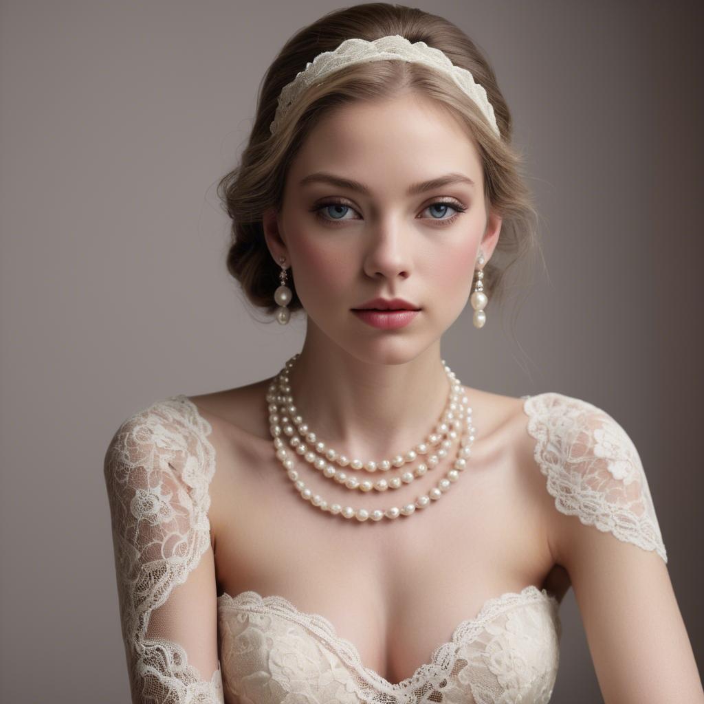 A stunning image of american model in lace and pearls.