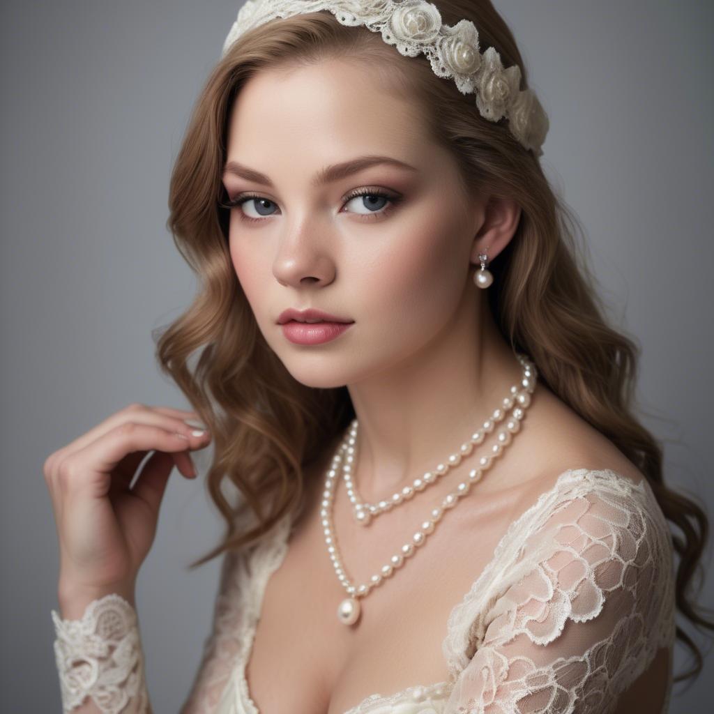 A stunning image of american model in lace and pearls.