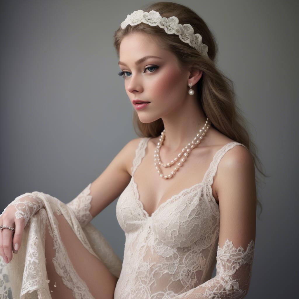 A stunning image of american model in lace and pearls.