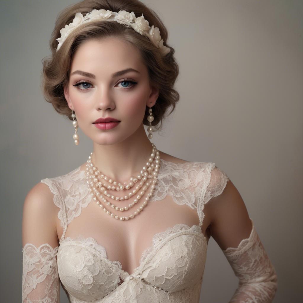 A stunning image of american model in lace and pearls.