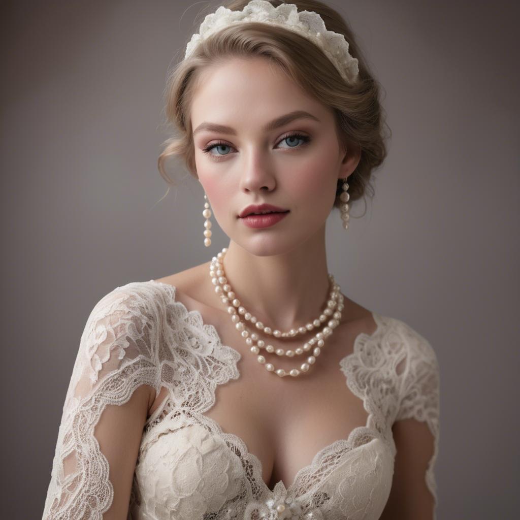A stunning image of american model in lace and pearls.
