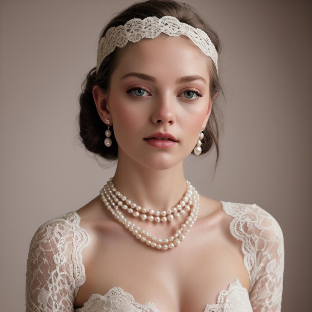 A stunning image of american model in lace and pearls.