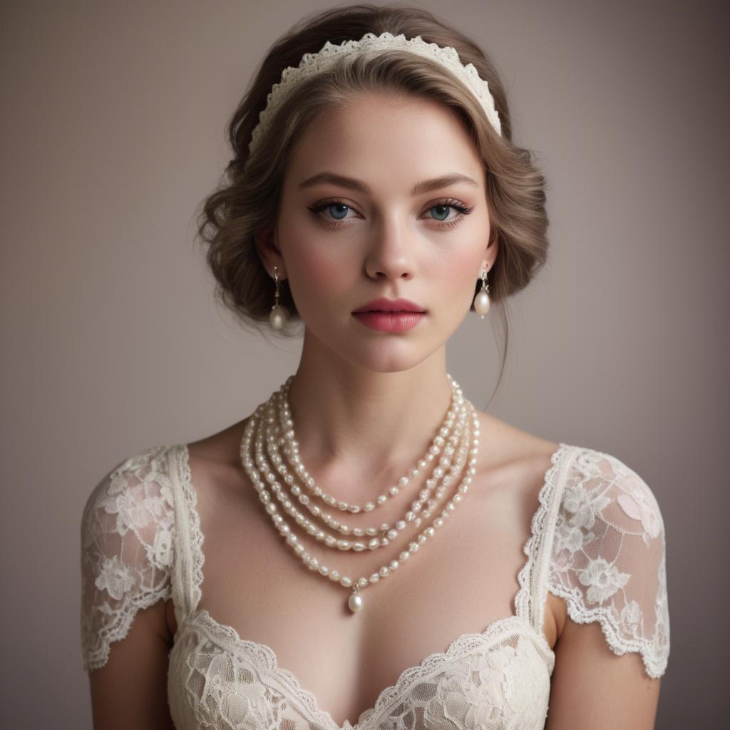 A stunning image of american model in lace and pearls.