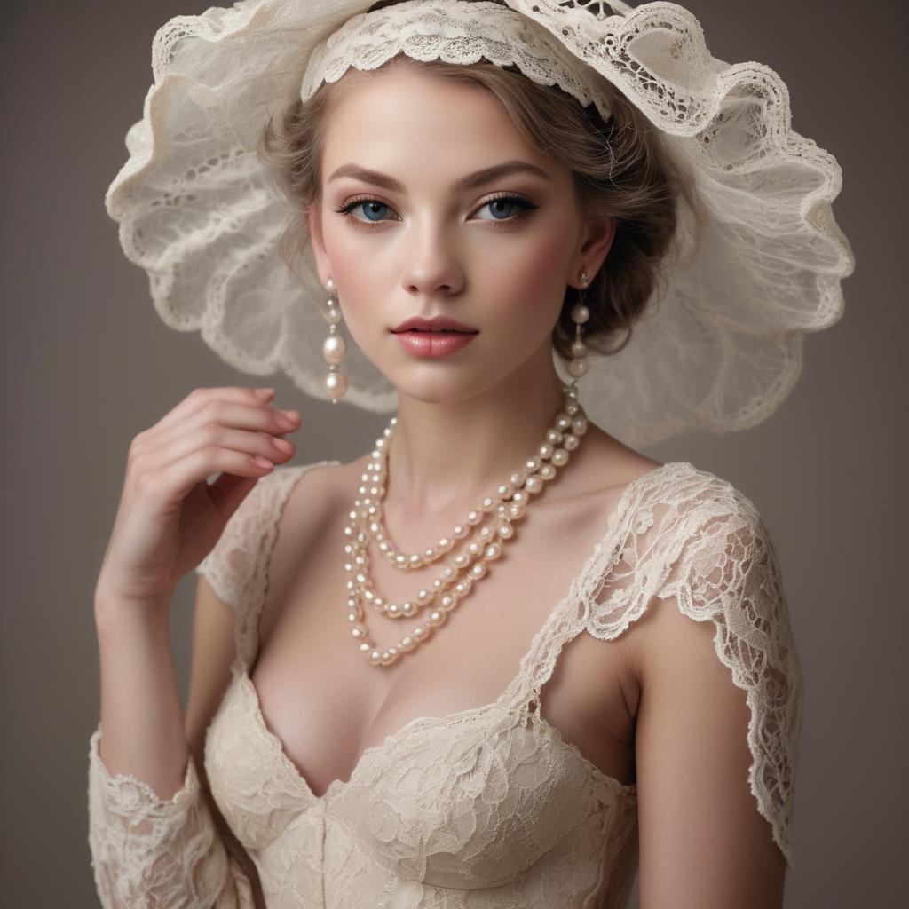 A stunning image of american model in lace and pearls.