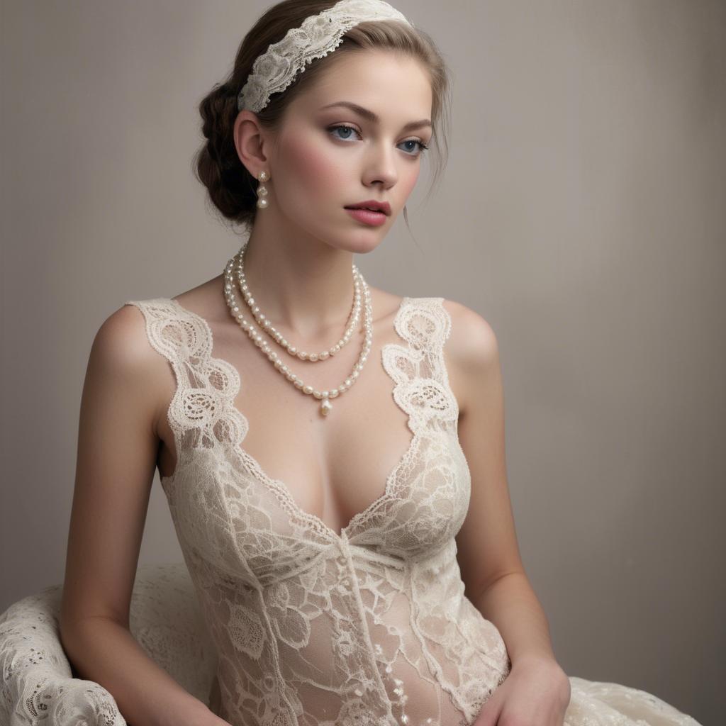 A stunning image of american model in lace and pearls.