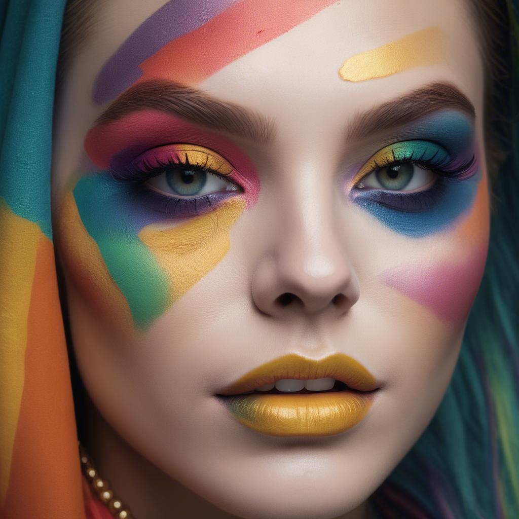 A stunning image of artistic close-up of a face with colorful makeup.