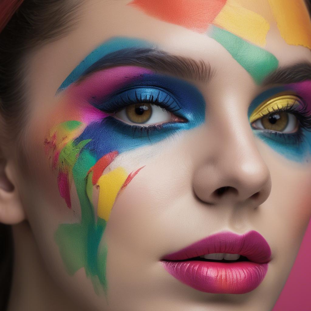 A stunning image of artistic close-up of a face with colorful makeup.