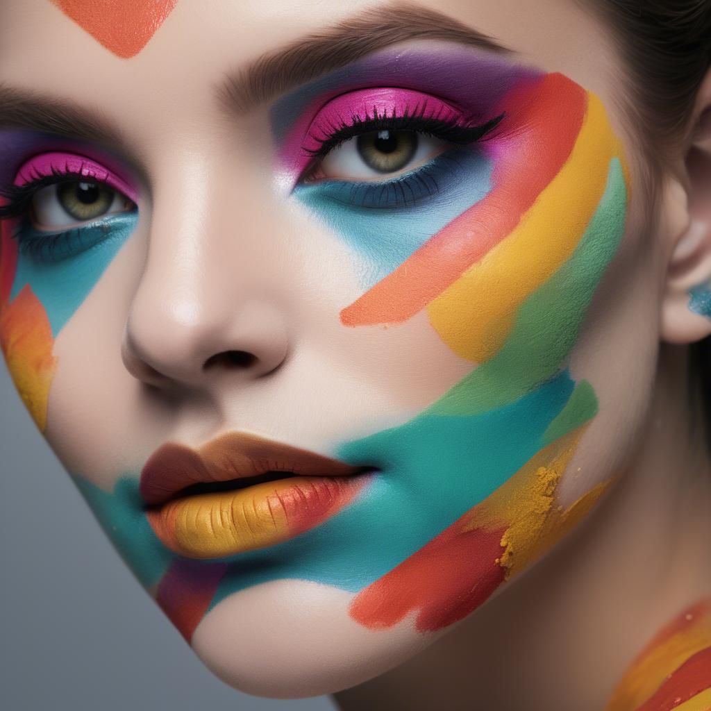 A stunning image of artistic close-up of a face with colorful makeup.