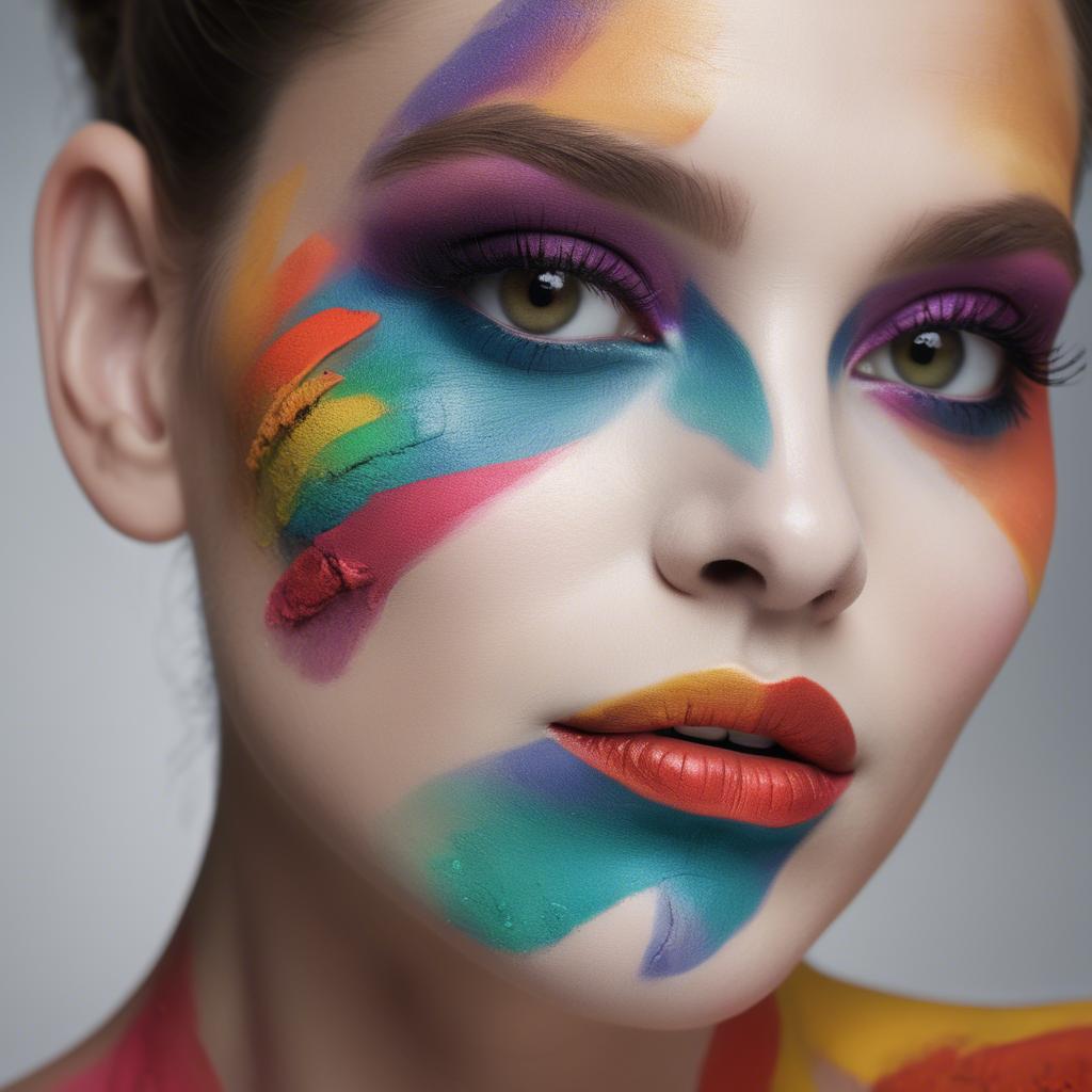 A stunning image of artistic close-up of a face with colorful makeup.