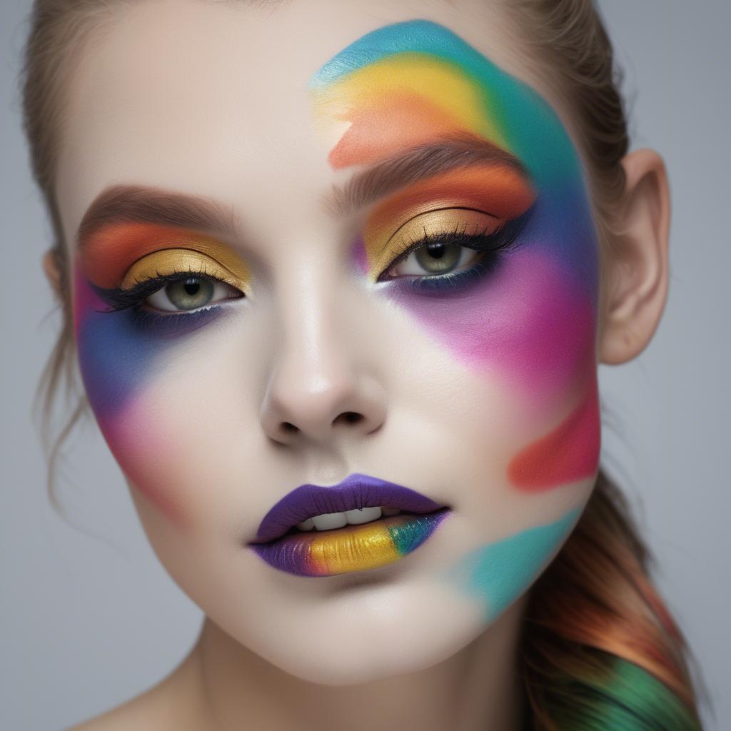 A stunning image of artistic close-up of a face with colorful makeup.