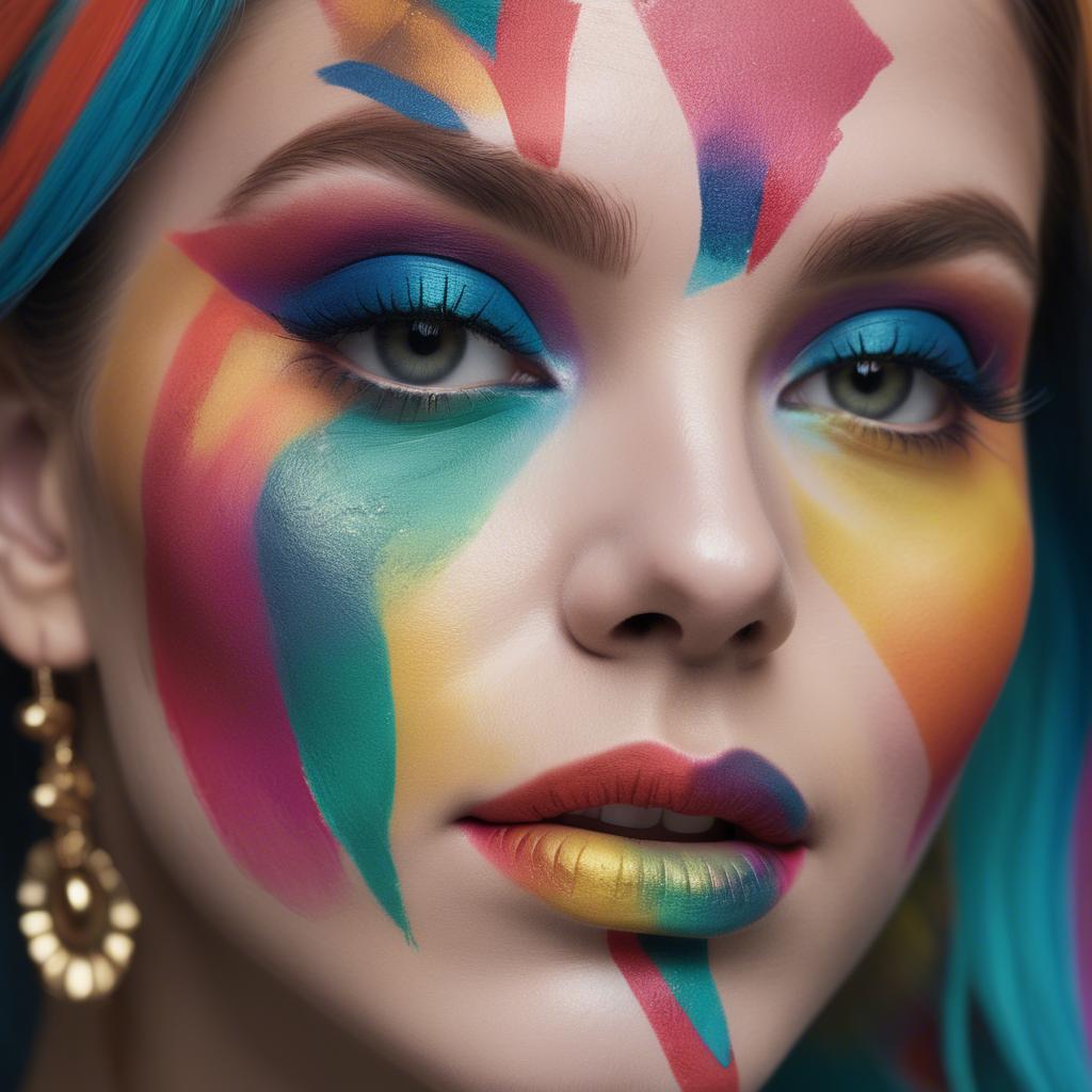 A stunning image of artistic close-up of a face with colorful makeup.