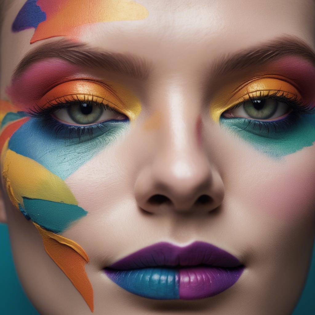 A stunning image of artistic close-up of a face with colorful makeup.
