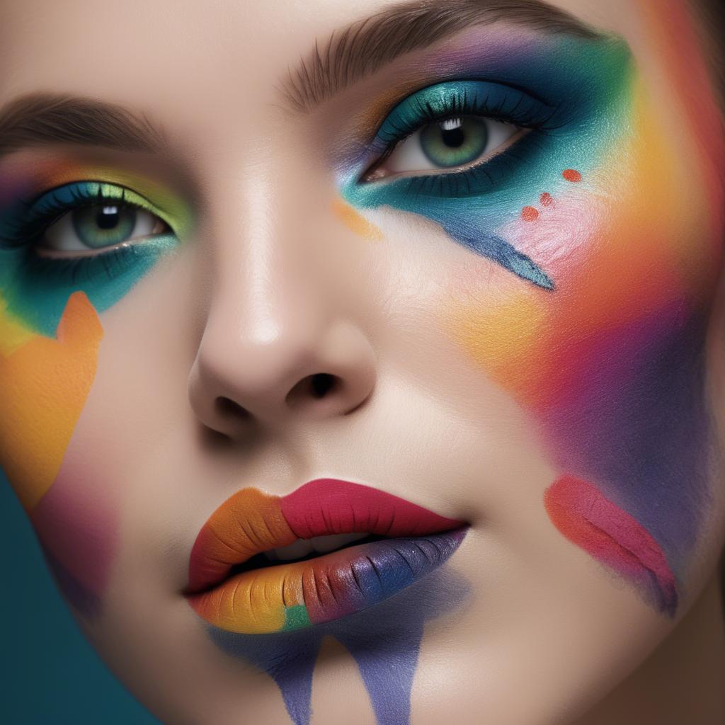 A stunning image of artistic close-up of a face with colorful makeup.