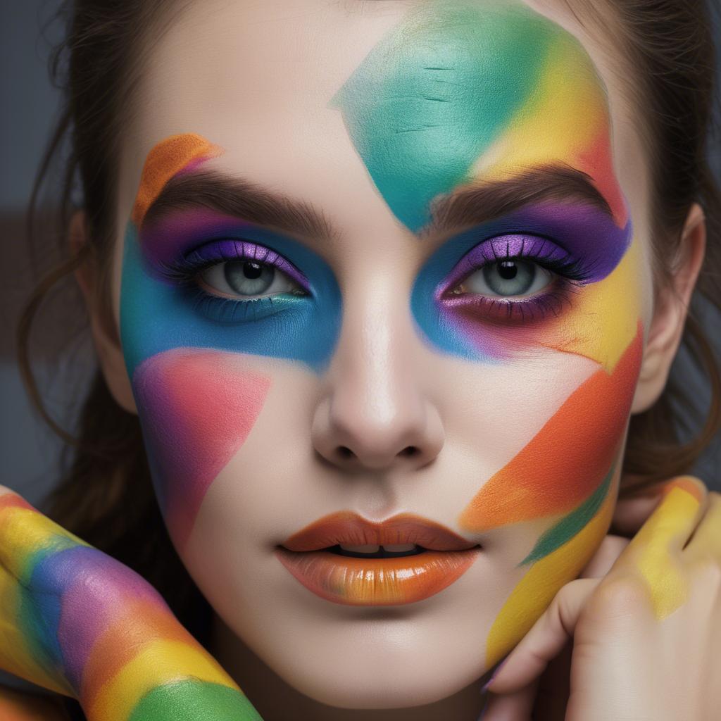 A stunning image of artistic close-up of a face with colorful makeup.