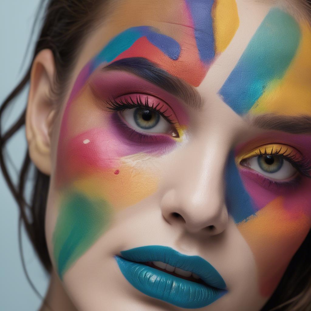 A stunning image of artistic close-up of a face with colorful makeup.