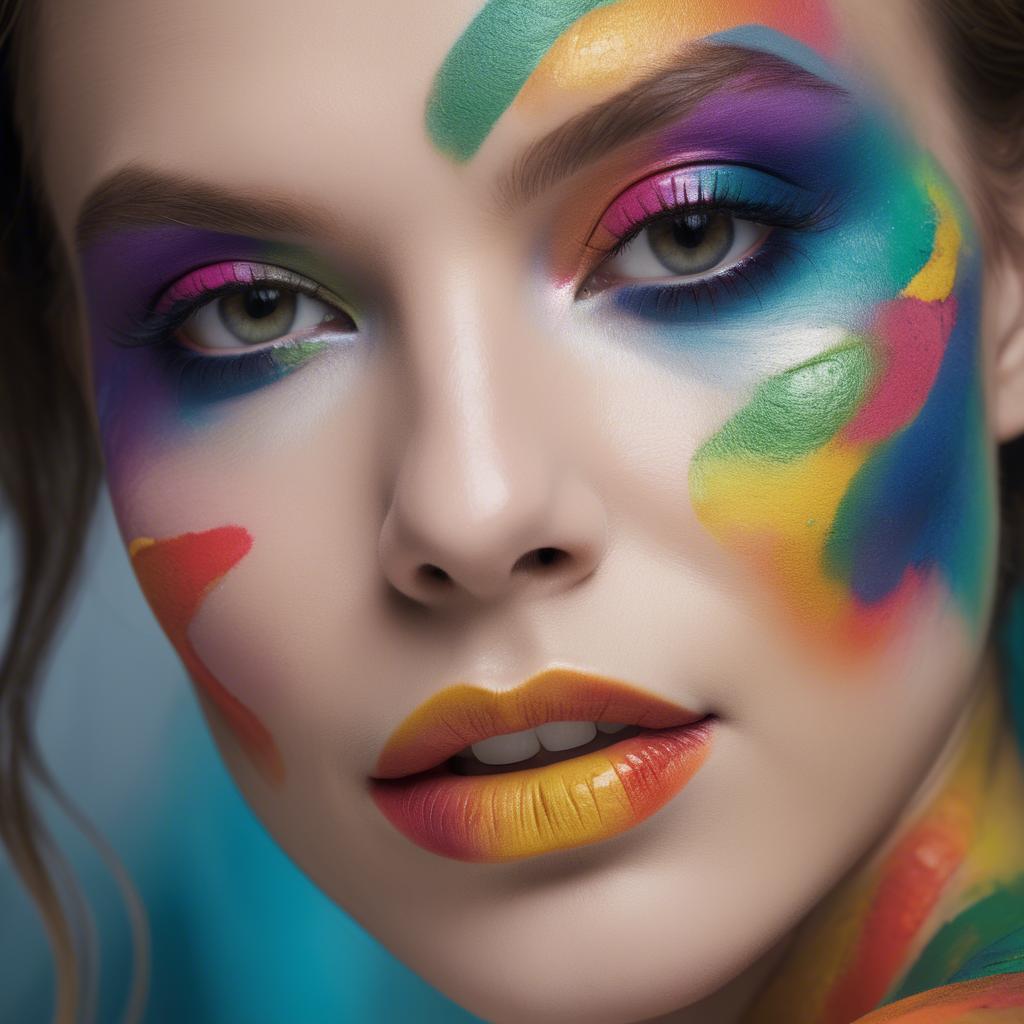A stunning image of artistic close-up of a face with colorful makeup.