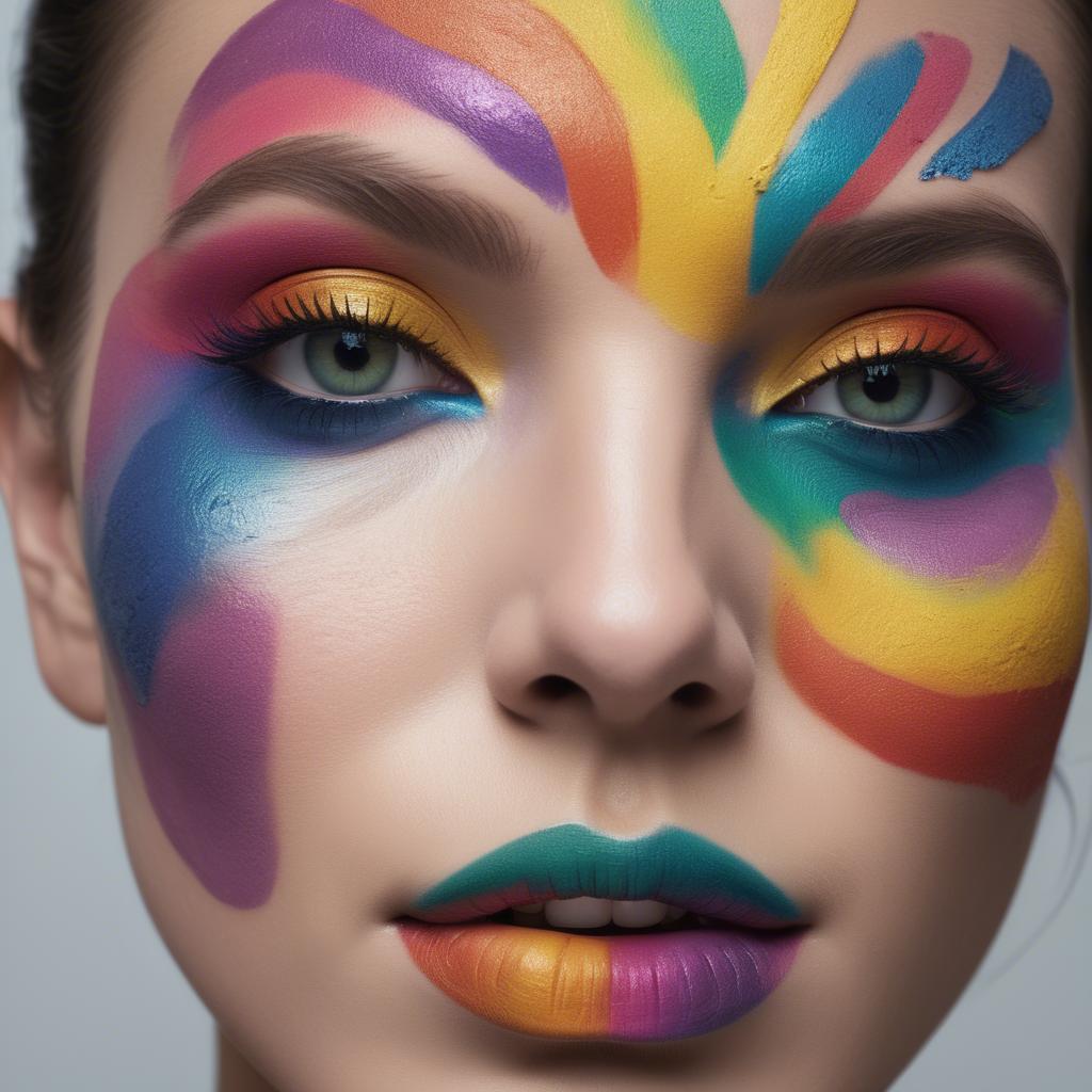 A stunning image of artistic close-up of a face with colorful makeup.