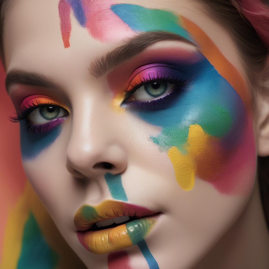 A stunning image of artistic close-up of a face with colorful makeup.