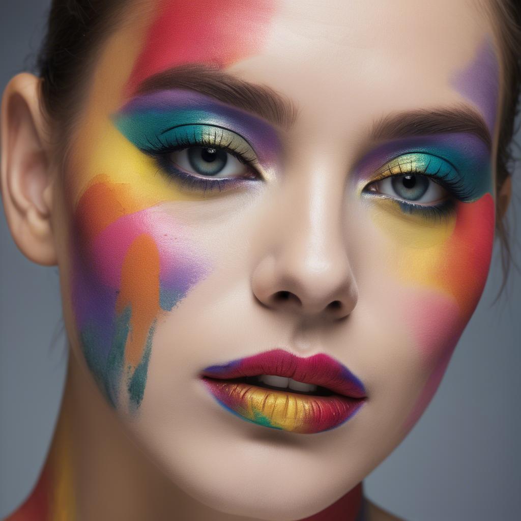 A stunning image of artistic close-up of a face with colorful makeup.