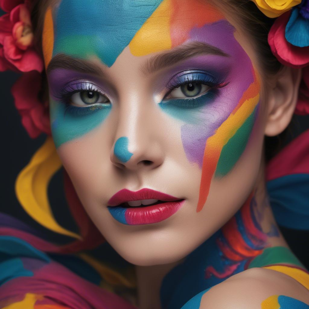 A stunning image of artistic close-up of a face with colorful makeup.