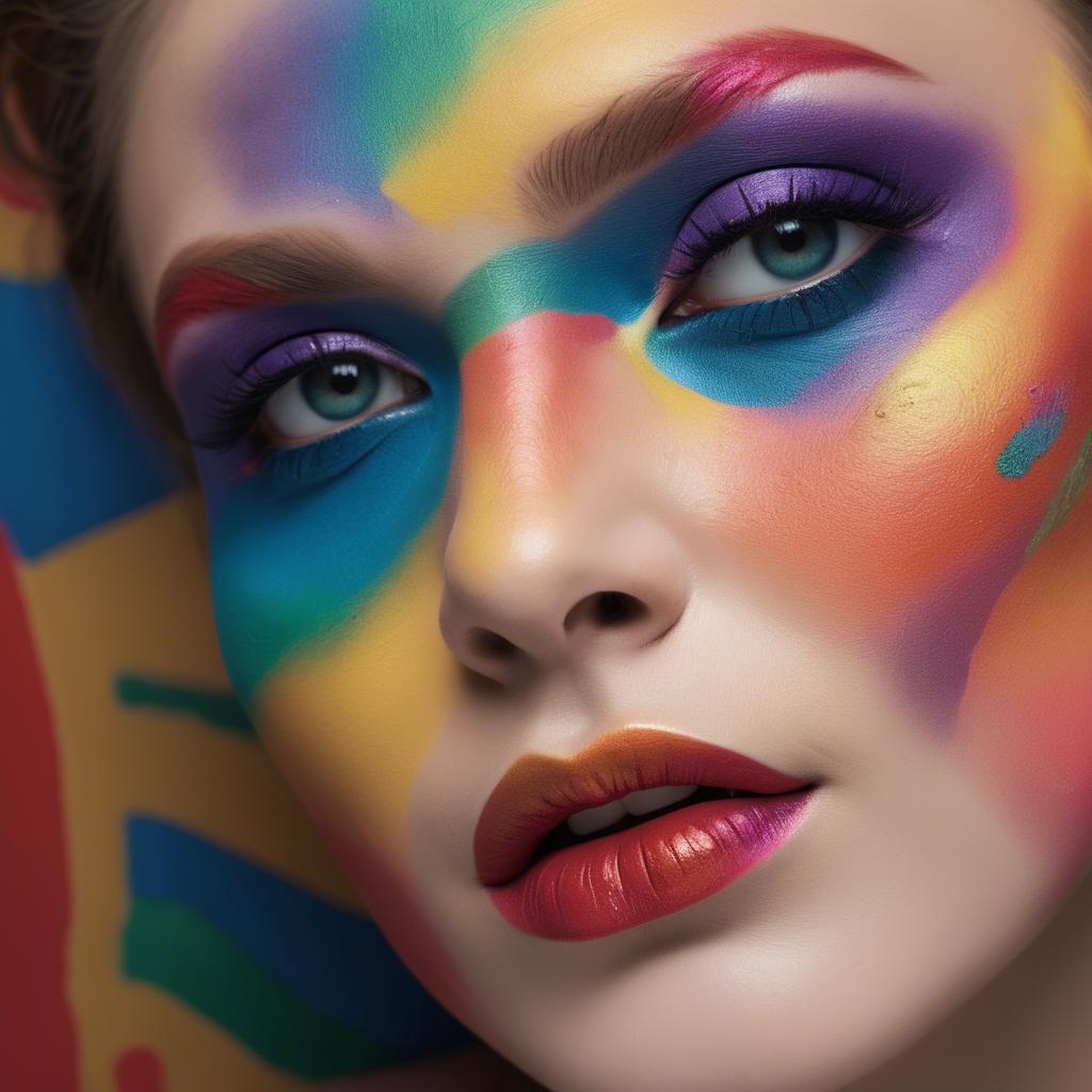 A stunning image of artistic close-up of a face with colorful makeup.