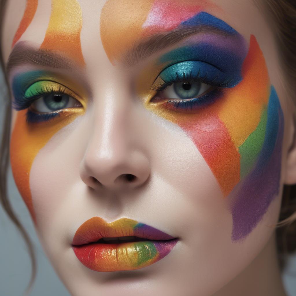 A stunning image of artistic close-up of a face with colorful makeup.