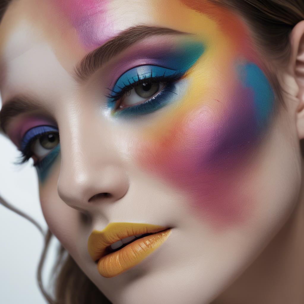 A stunning image of artistic close-up of a face with colorful makeup.