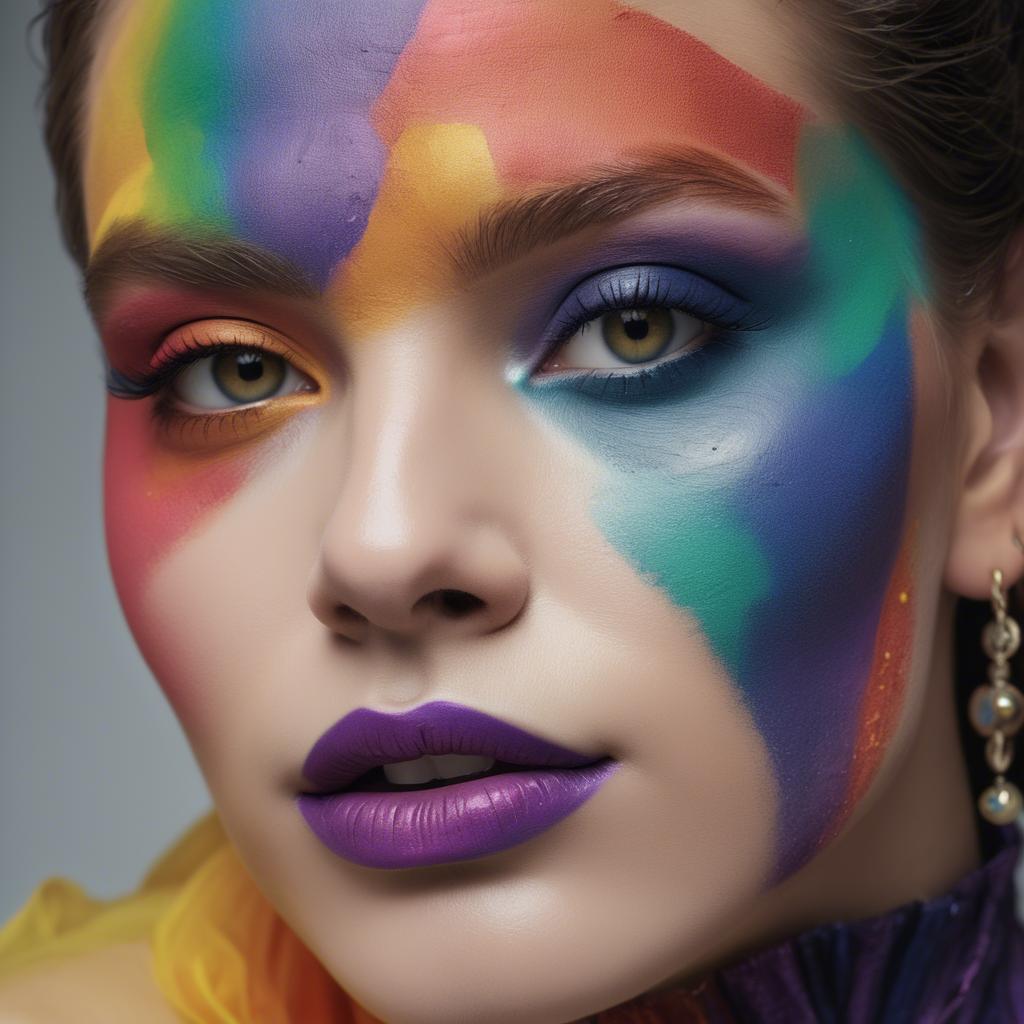 A stunning image of artistic close-up of a face with colorful makeup.