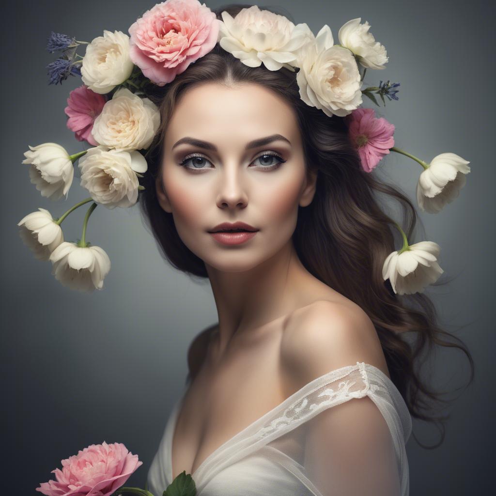A stunning image of artistic portrait of a graceful woman with flowers.