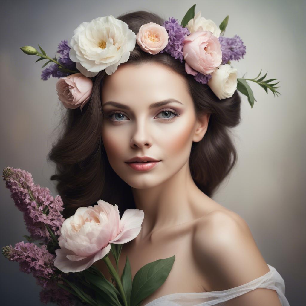 A stunning image of artistic portrait of a graceful woman with flowers.